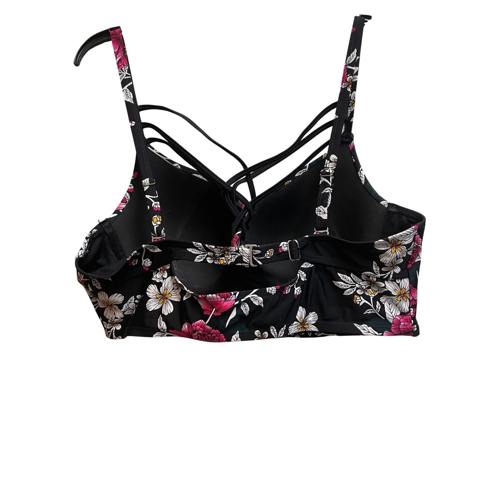 Floral High Waisted Bikini Set Black Pink Strappy Lattice Mesh 2X Swimsuit - Picture 6 of 6